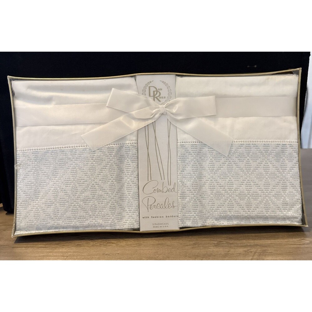 Vintage Dan River Set 2 Pillowcases Blue Silver Star Damask Pattern 42 x 38 1/2